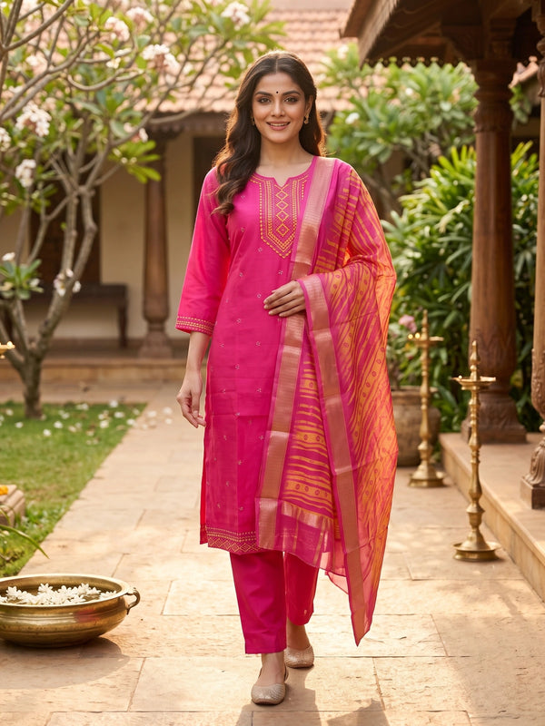 Rani pink embroidered kurti set with golden yoke and leheriya striped dupatta