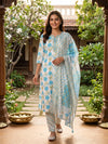 White with Blue Floral Cotton Kurti Set with Dupatta