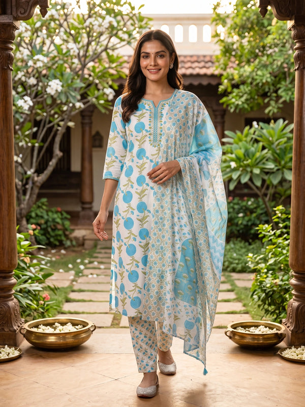 White and blue floral cotton kurti set with printed pants and dupatta