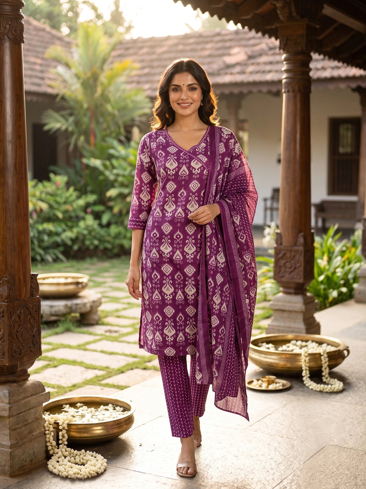 Purple and white ikat print cotton kurti set with matching pants and dupatta