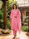 Pink Floral Print Cotton Kurti Set with Dupatta