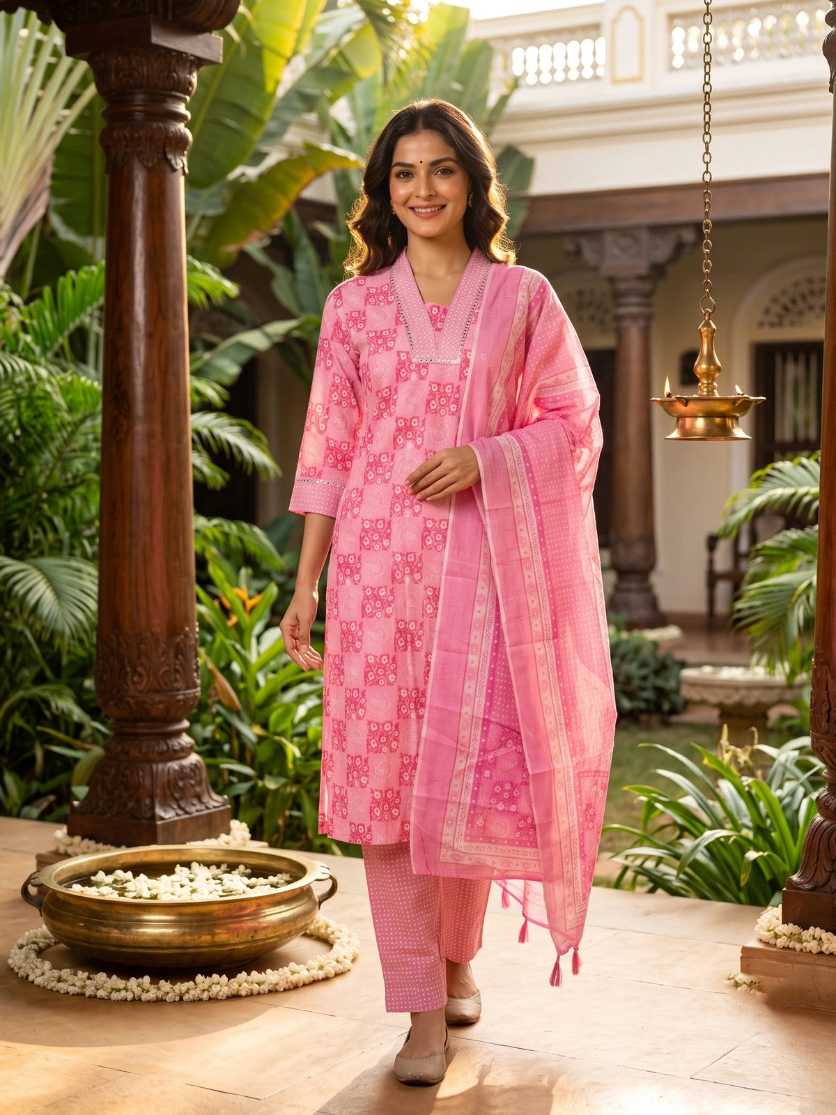 Pink Floral Print Cotton Kurti Set with Dupatta