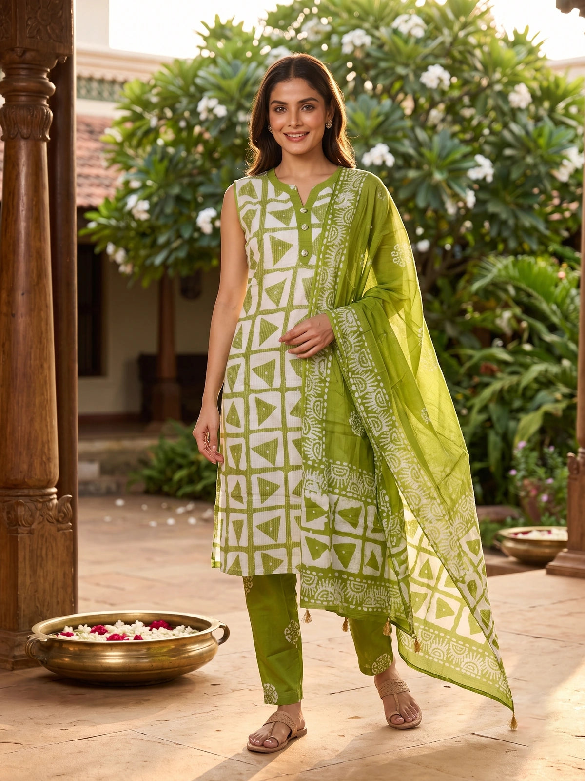Green and White Batik Print Cotton Kurti Set with Dupatta