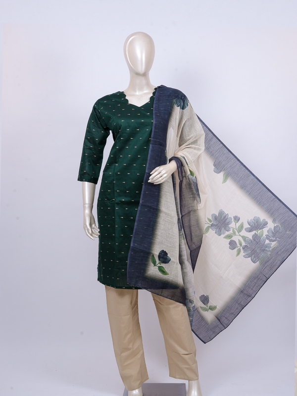 Bottle green zari butti kurti set with beige straight pants and cream floral printed dupatta