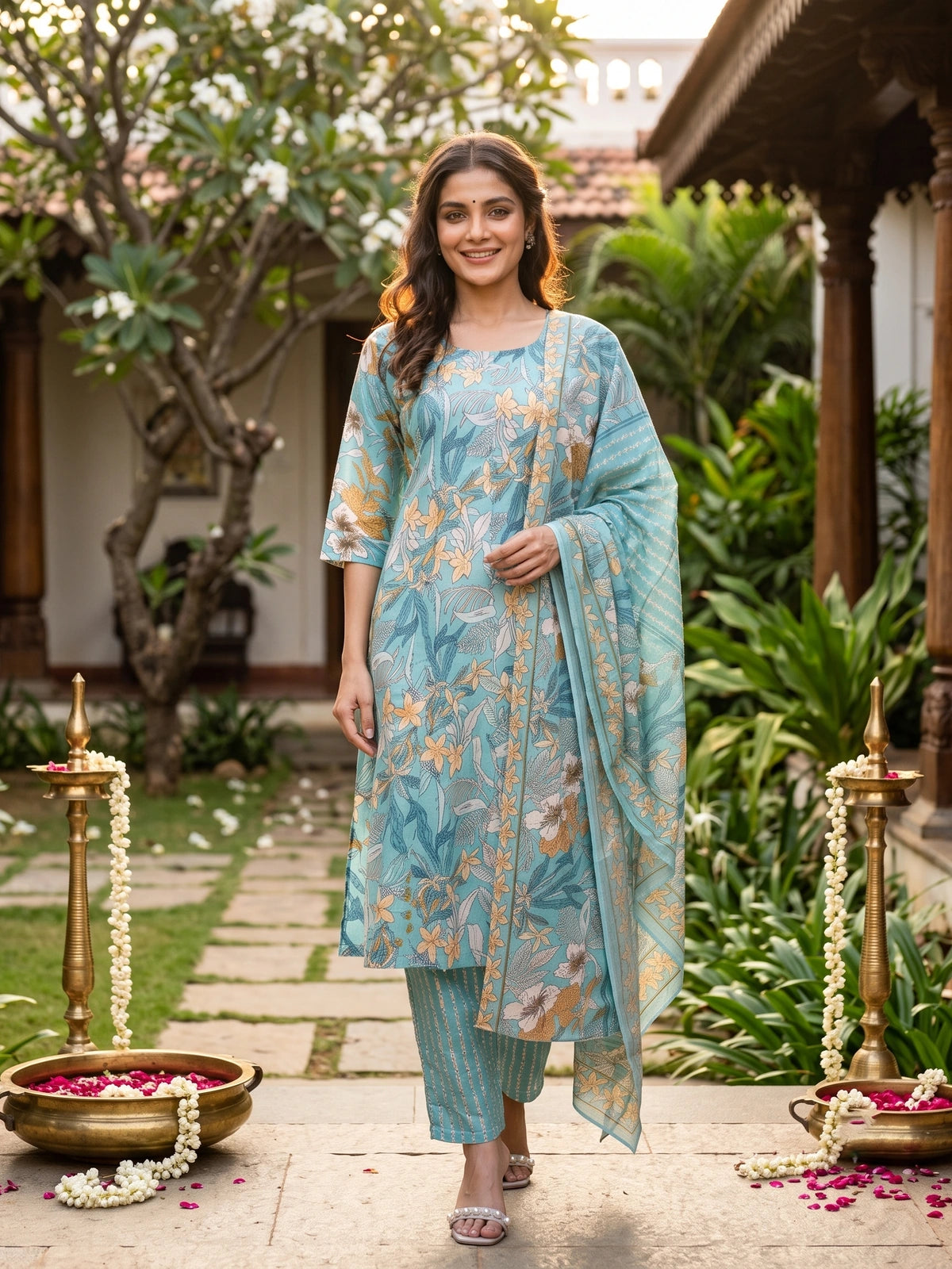 Turquoise Floral Printed Cotton Kurti Set with Dupatta