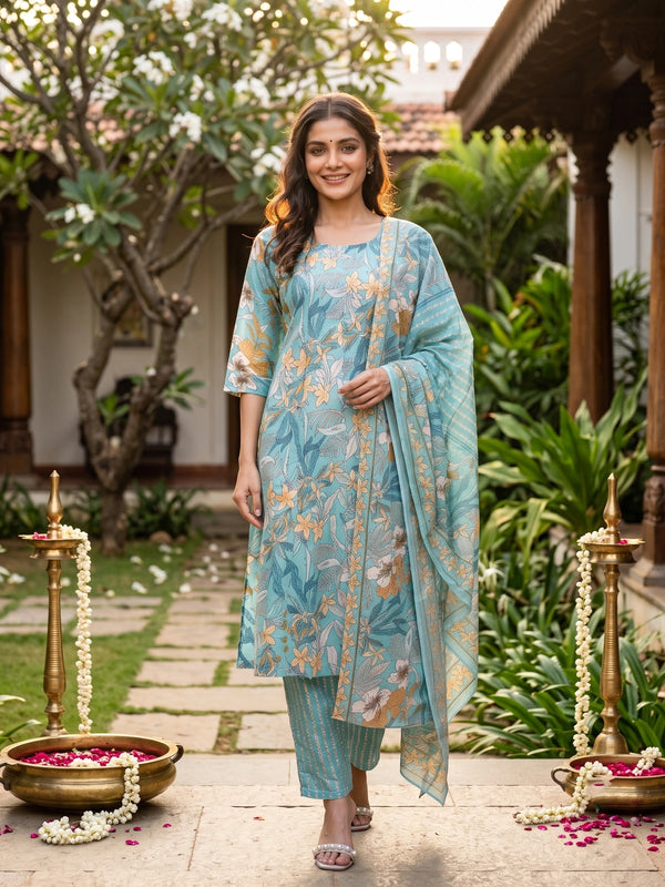 Turquoise floral printed cotton kurti set with matching pants and printed dupatta