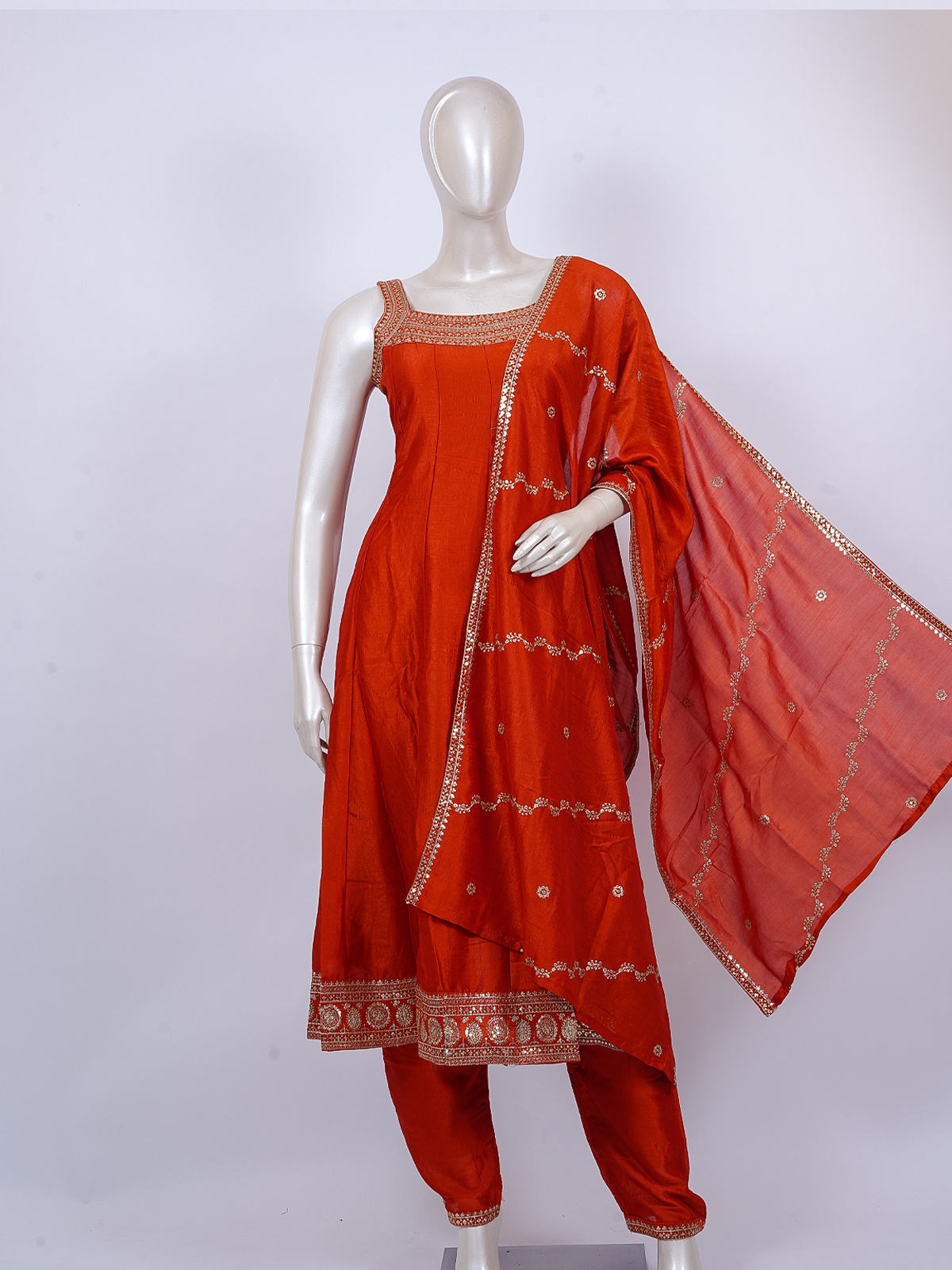 Orange embroidered art silk sleeveless kurti set with matching dupatta and straight pants
