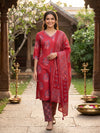 Red Floral Printed Cotton Kurti Set with Dupatta