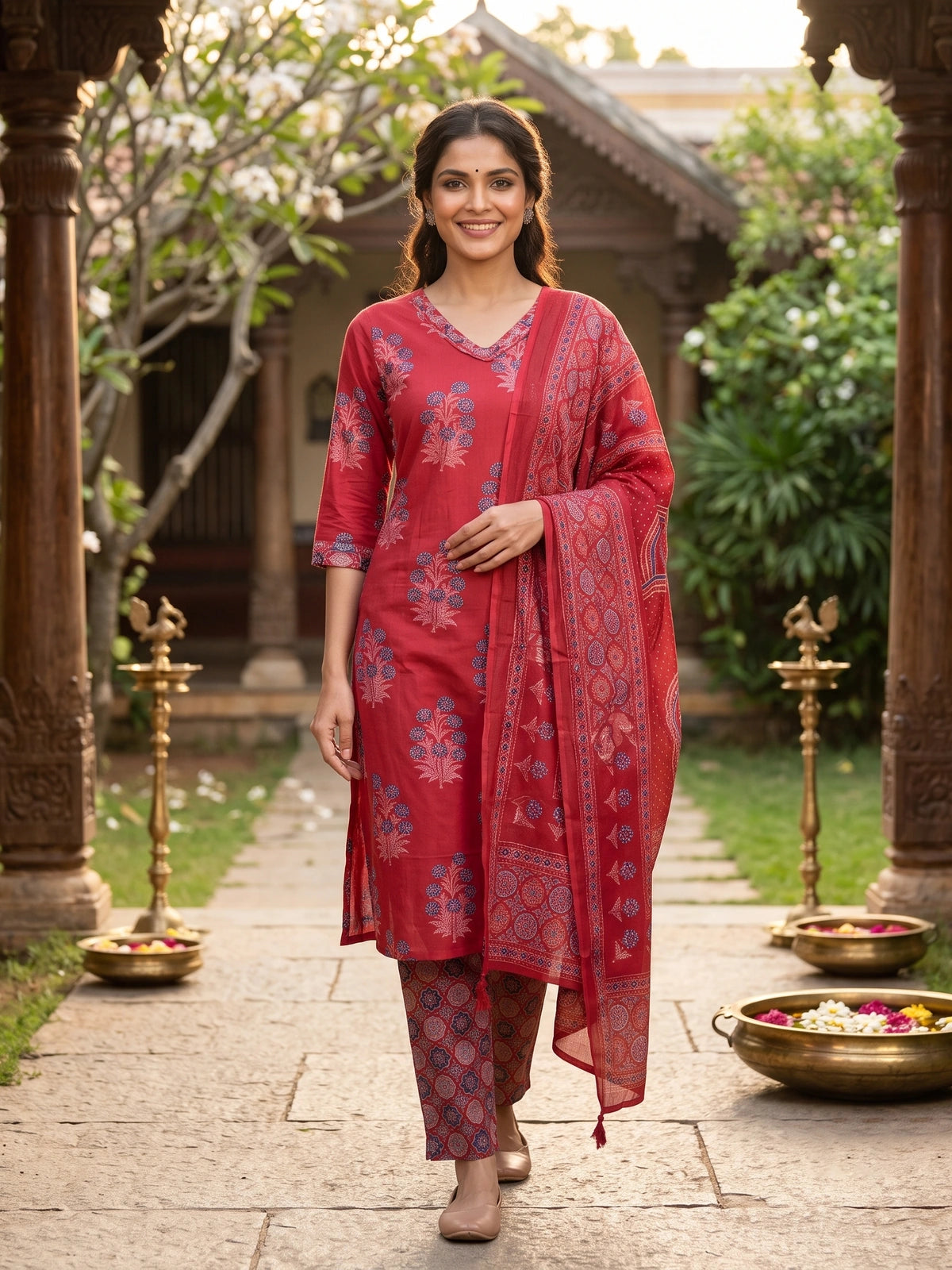Red floral printed cotton kurti set with blue motifs, straight pants and Ajrakh-print dupatta