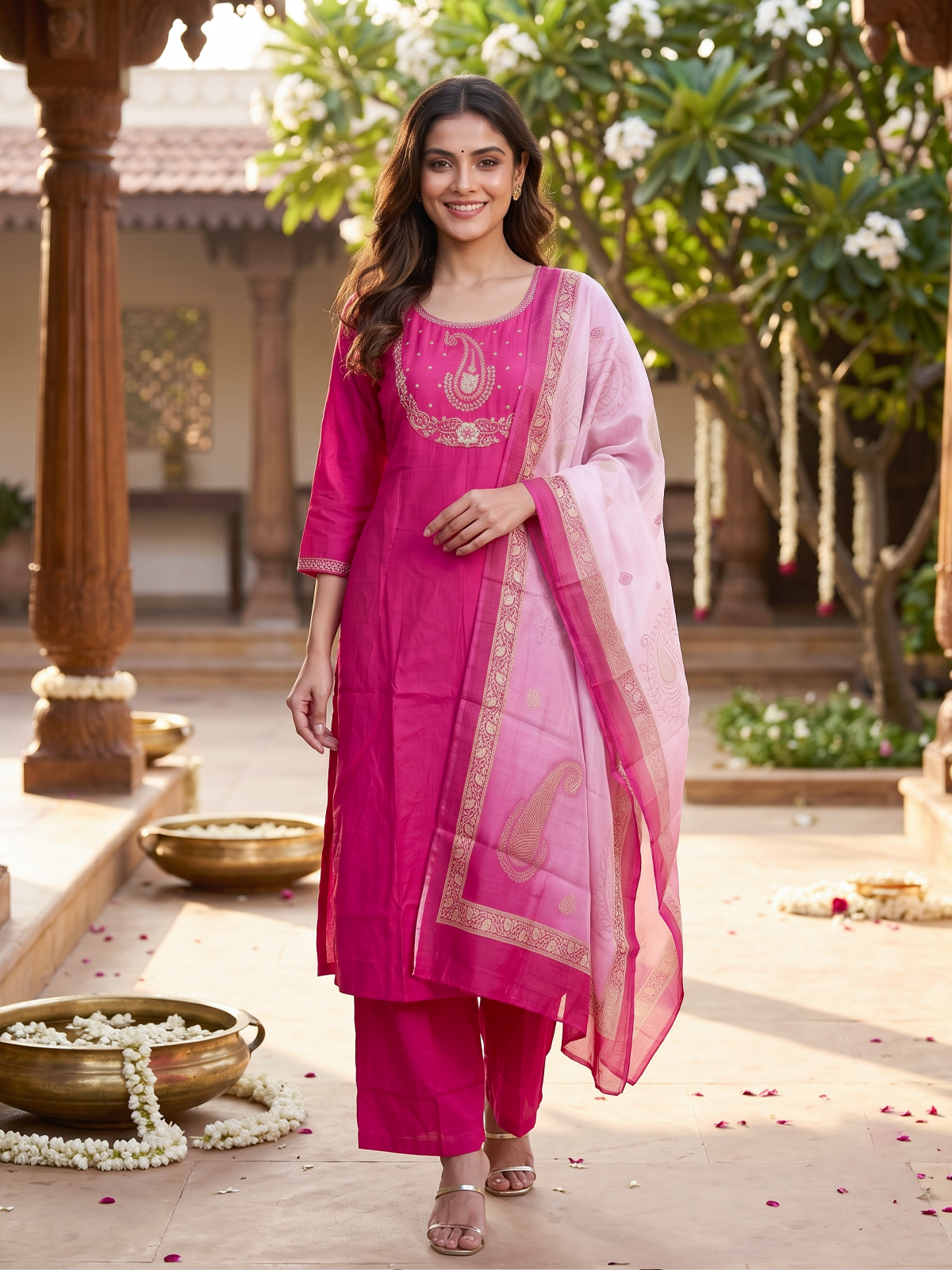 Rani pink embroidered kurti set with straight pants and ombre pink woven paisley dupatta