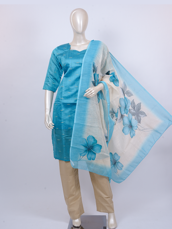 Sky blue straight kurti set with beige pants and cream floral printed dupatta