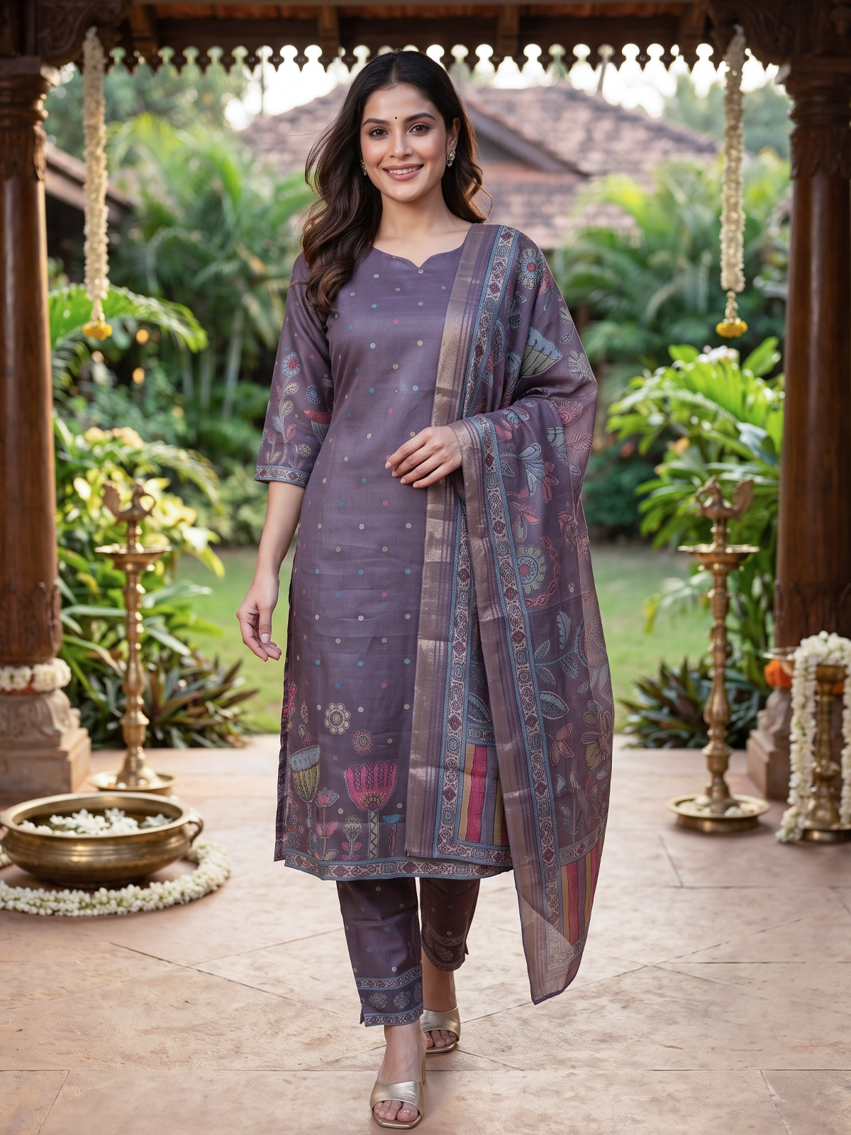 Mauve Kalamkari Print Ready Made Kurti Set with Dupatta