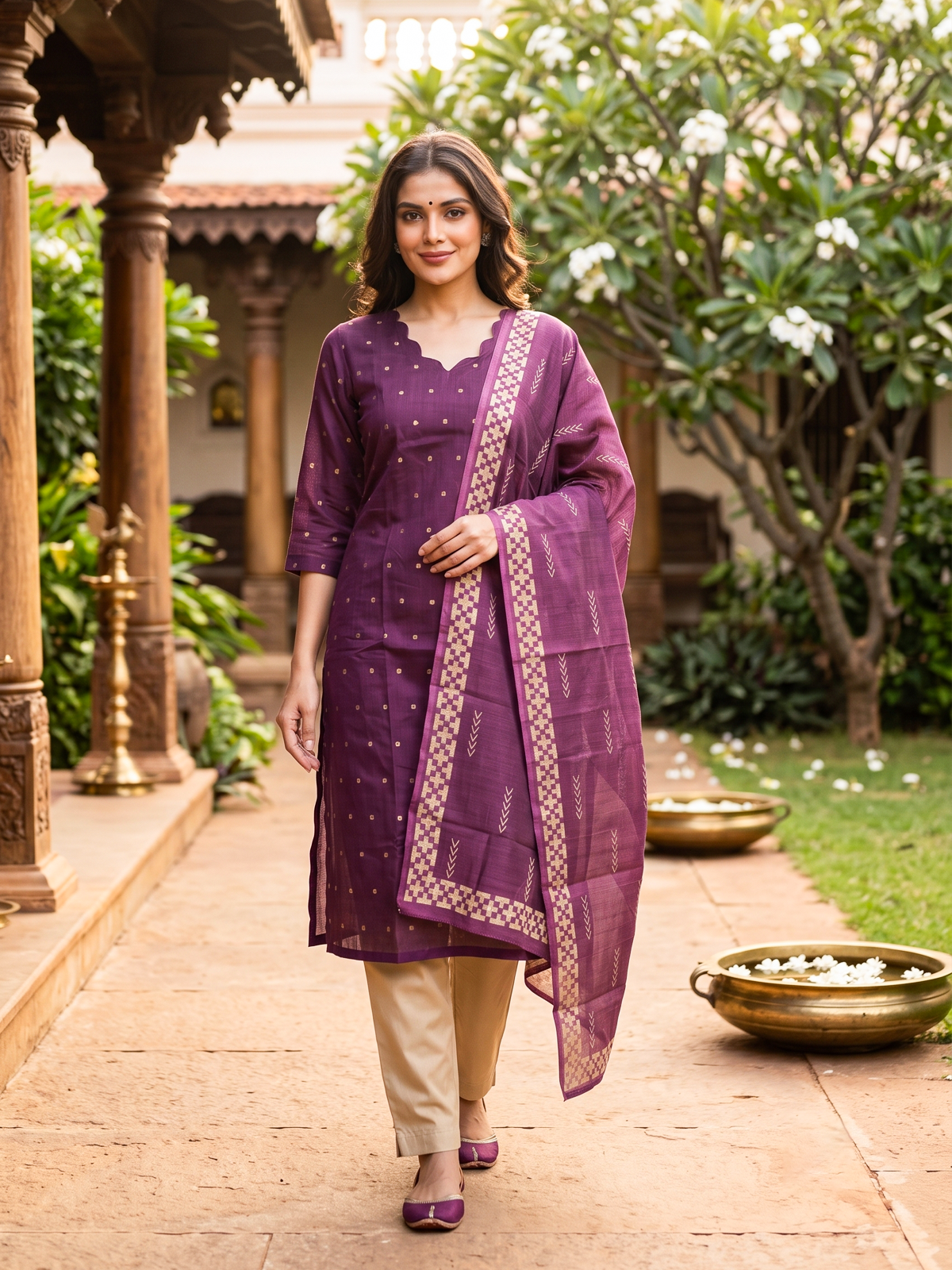 Wine Purple with Beige Woven Buti Ready Made Kurti Set