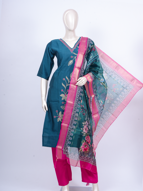Teal blue embroidered kurti set with pink pants and floral organza dupatta