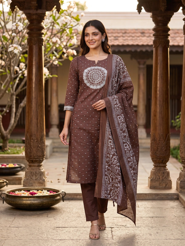 Brown cotton kurti set with white bandhani print, embroidered mandala yoke and matching printed dupatta