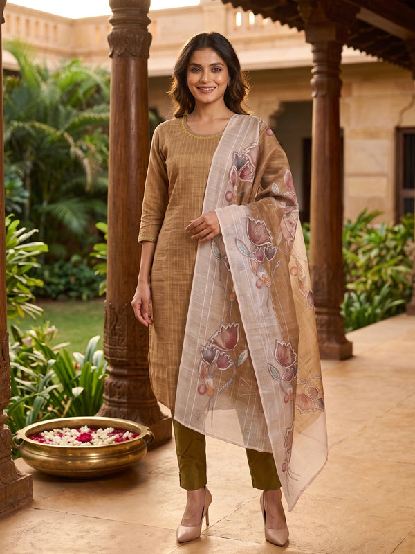 Brown textured kurti set with embellished neckline, straight pants and floral printed off-white dupatta