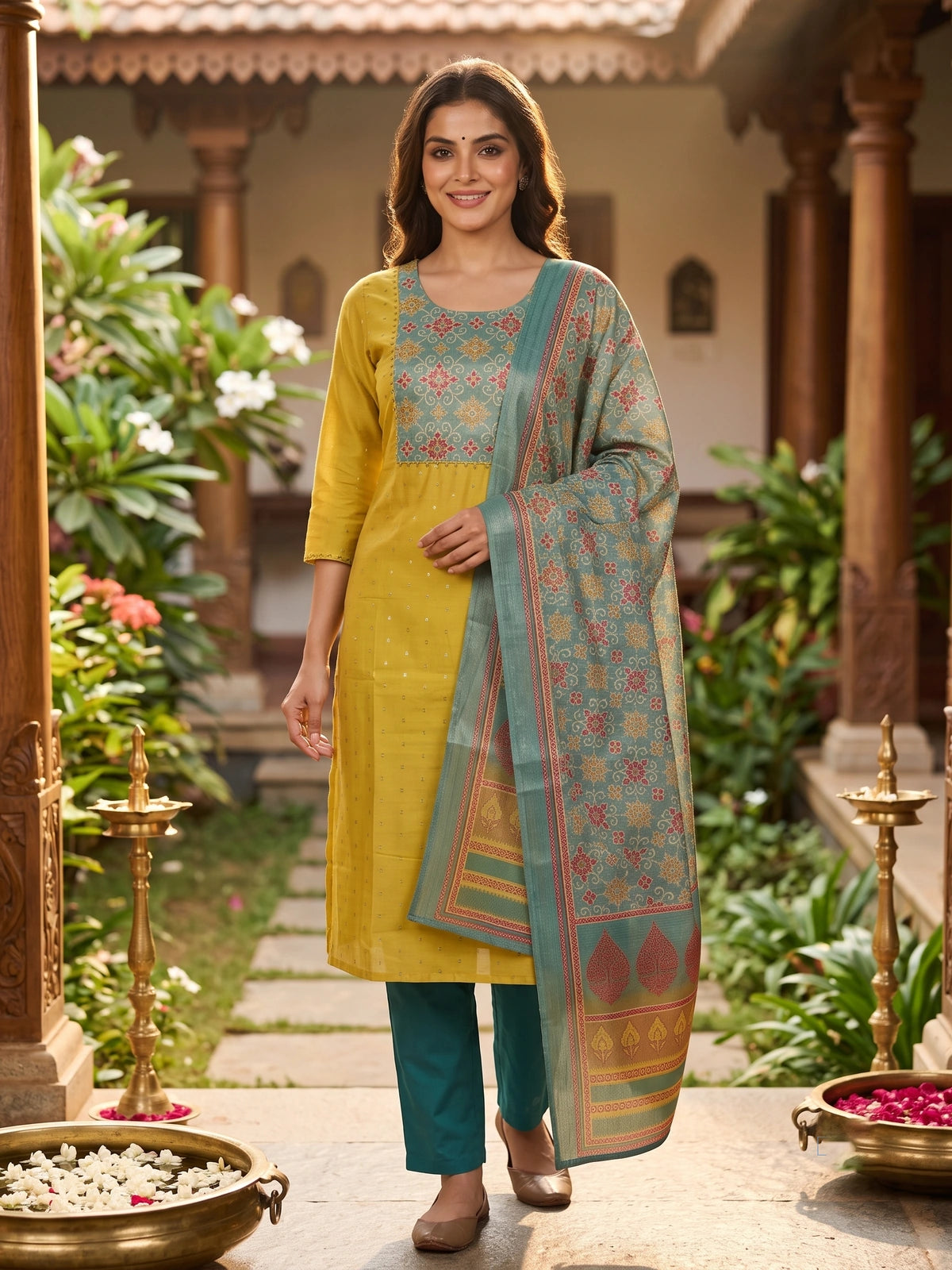 Yellow with Teal Dupatta Ready Made Kurti Set