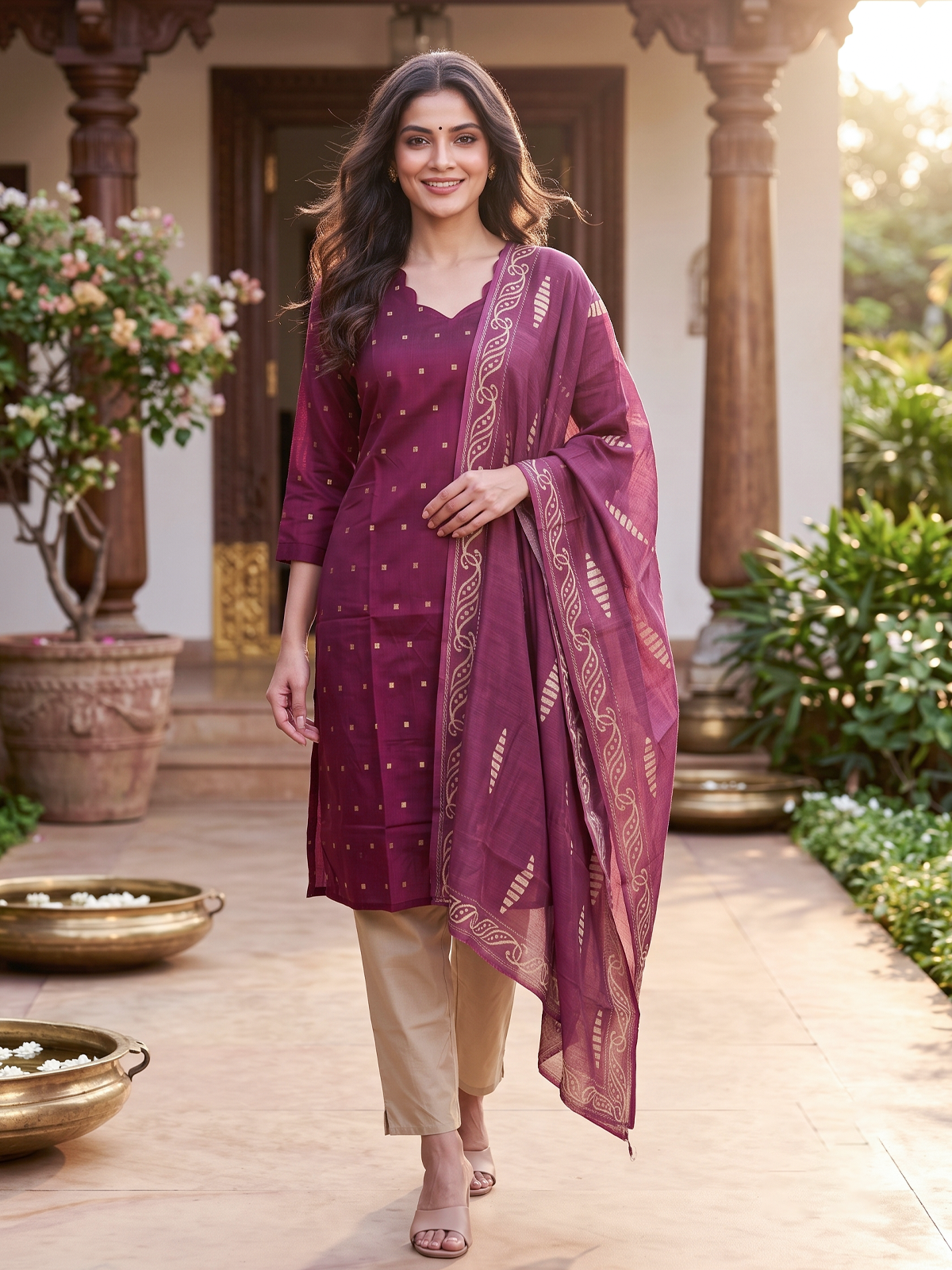Wine buti woven kurti set with beige pants and printed ethnic dupatta