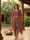 Maroon Ajrakh Print Cotton Kurti Set with Dupatta