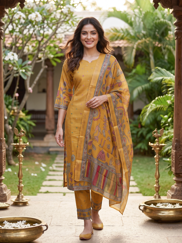 Mustard cotton silk Kalamkari printed ready made kurti set with straight pants and folk-art dupatta