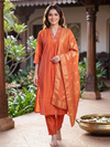 Orange Zari Woven Art Silk Kurti Set with Dupatta