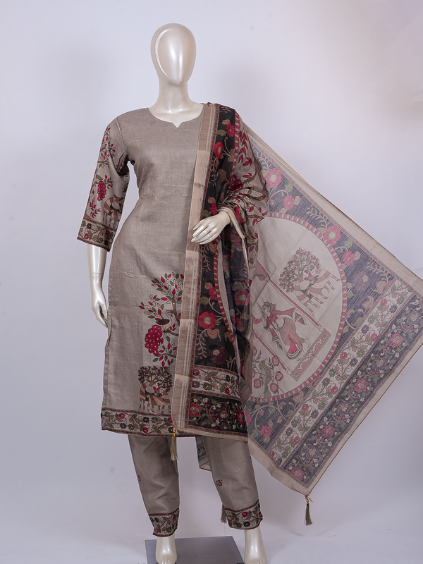 Beige Kalamkari printed kurti set with black figurative dupatta and straight pants