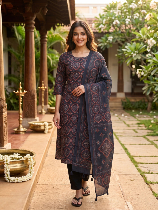Navy Blue Ajrakh print cotton kurti set with matching printed dupatta and black straight pants