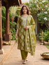 Olive Green Block Print Cotton Kurti Set with Dupatta