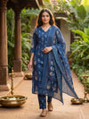 Indigo Blue Floral Block Print Cotton Kurti Set with Dupatta