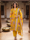 Yellow Floral Cotton Kurti Set with Dupatta