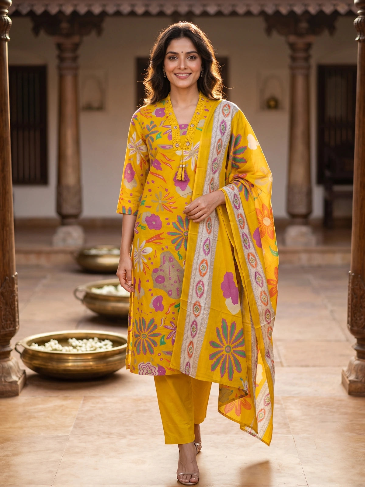 Yellow Floral Cotton Kurti Set with Dupatta