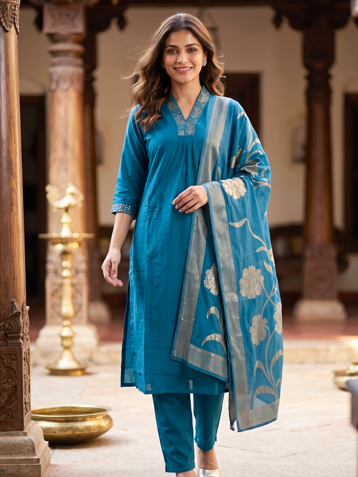 Teal blue art silk kurti set with embroidered neckline and gold zari floral dupatta
