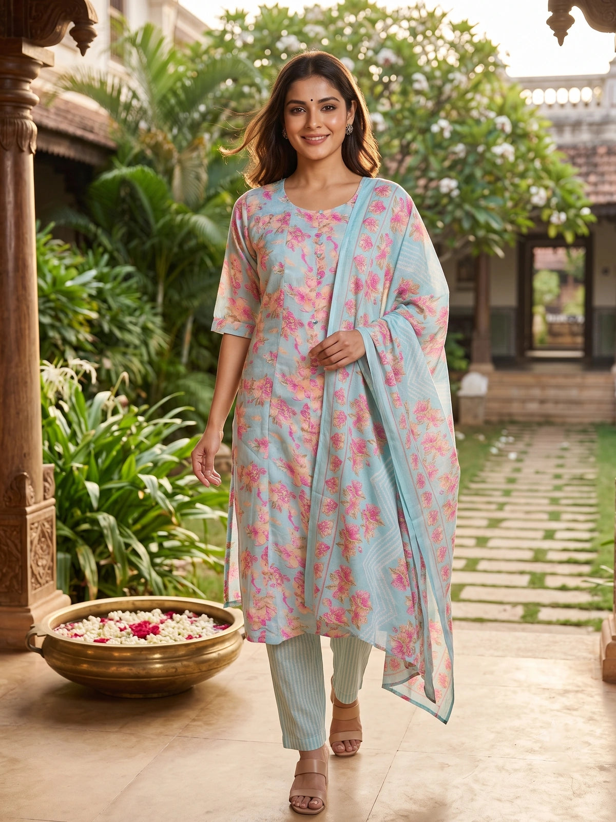 Sky blue pink floral cotton kurti set with matching dupatta and striped pants