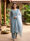 Dusty Teal Embroidered Ready Made Kurti Set with Printed Dupatta