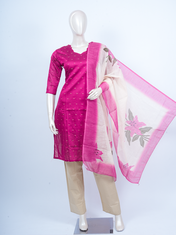 Rani pink art silk kurti set with gold butis, beige pants and cream floral print dupatta