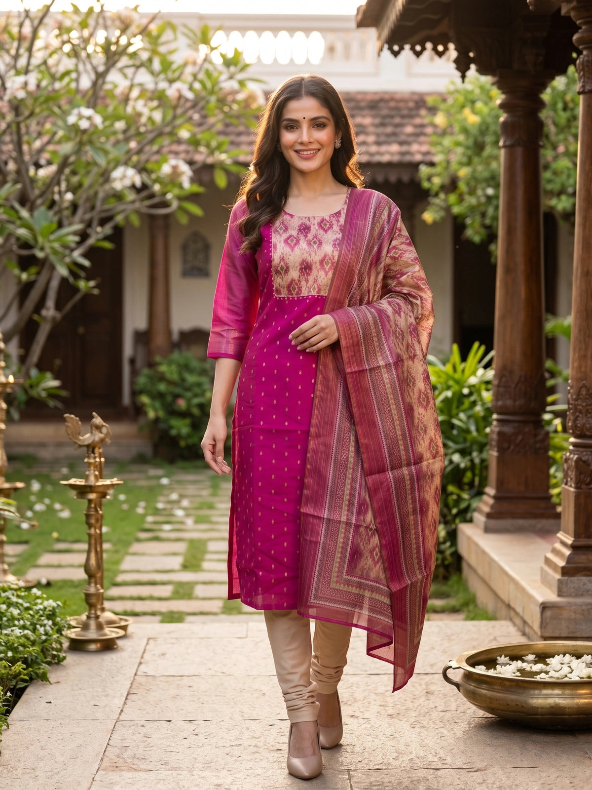 Magenta with Ikat Print Ready Made Kurti Set