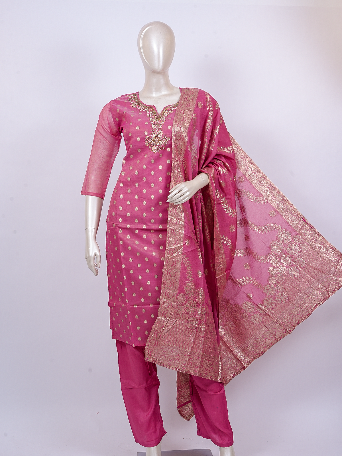 Pink zari woven Chanderi silk kurti set with embellished neckline and gold border dupatta