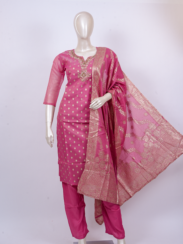 Pink zari woven Chanderi silk kurti set with embellished neckline and gold border dupatta