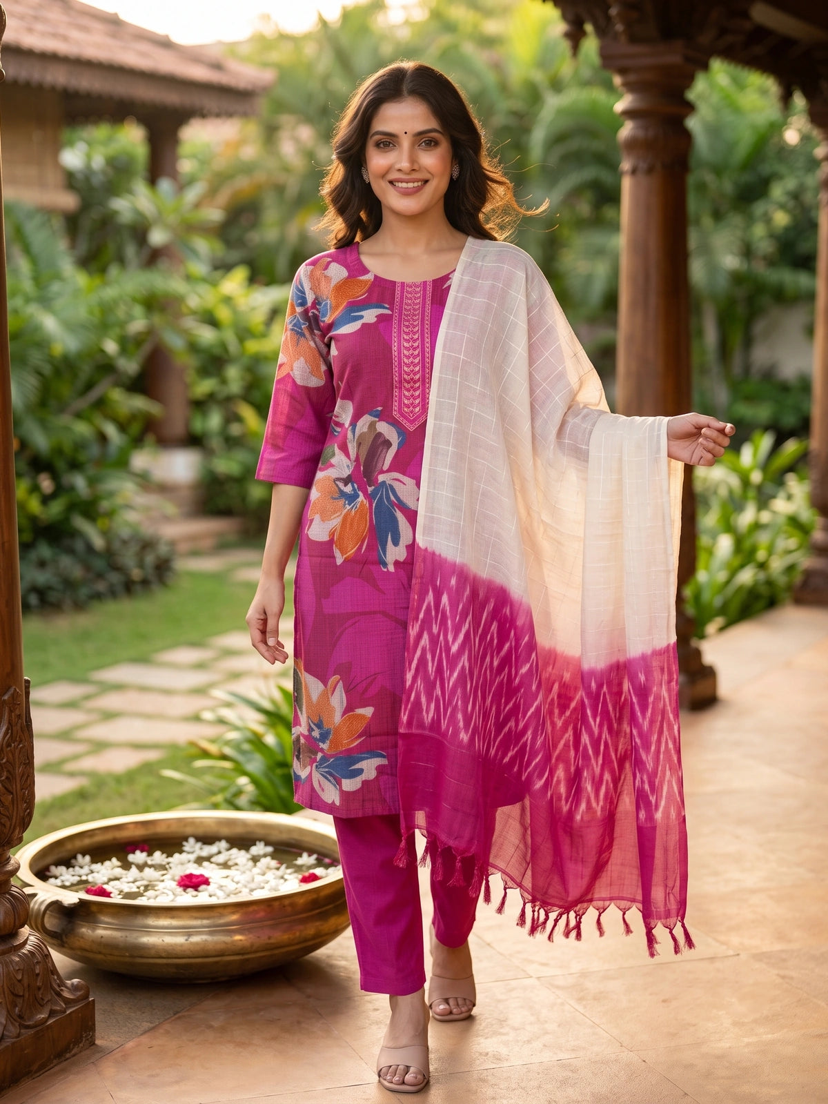Magenta Floral Kurti Set with Ombre Ikat Dupatta
