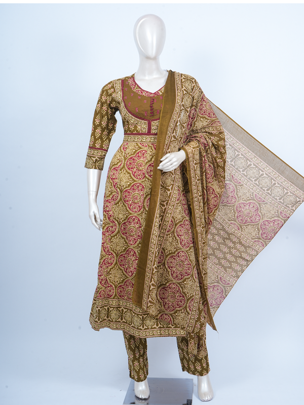 Mehendi green Ajrakh print cotton kurti set with maroon prints and matching dupatta