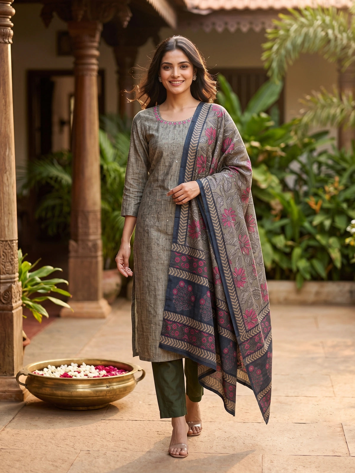Grey Kurti Set with Floral Printed Dupatta