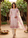 Off-White Pink Floral Embroidered Kurti Set with Dupatta