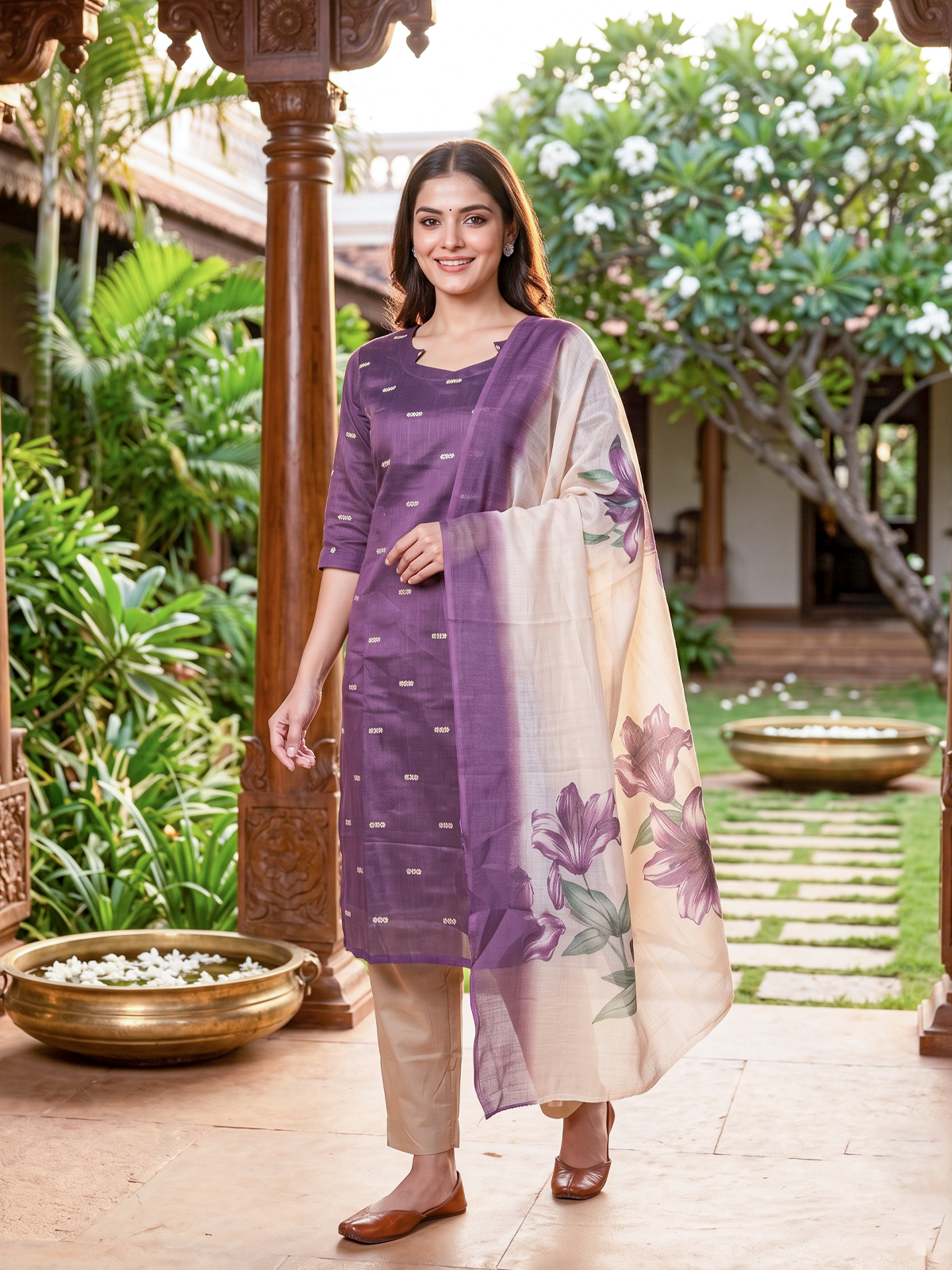 Purple with Floral Dupatta Ready Made Kurti Set