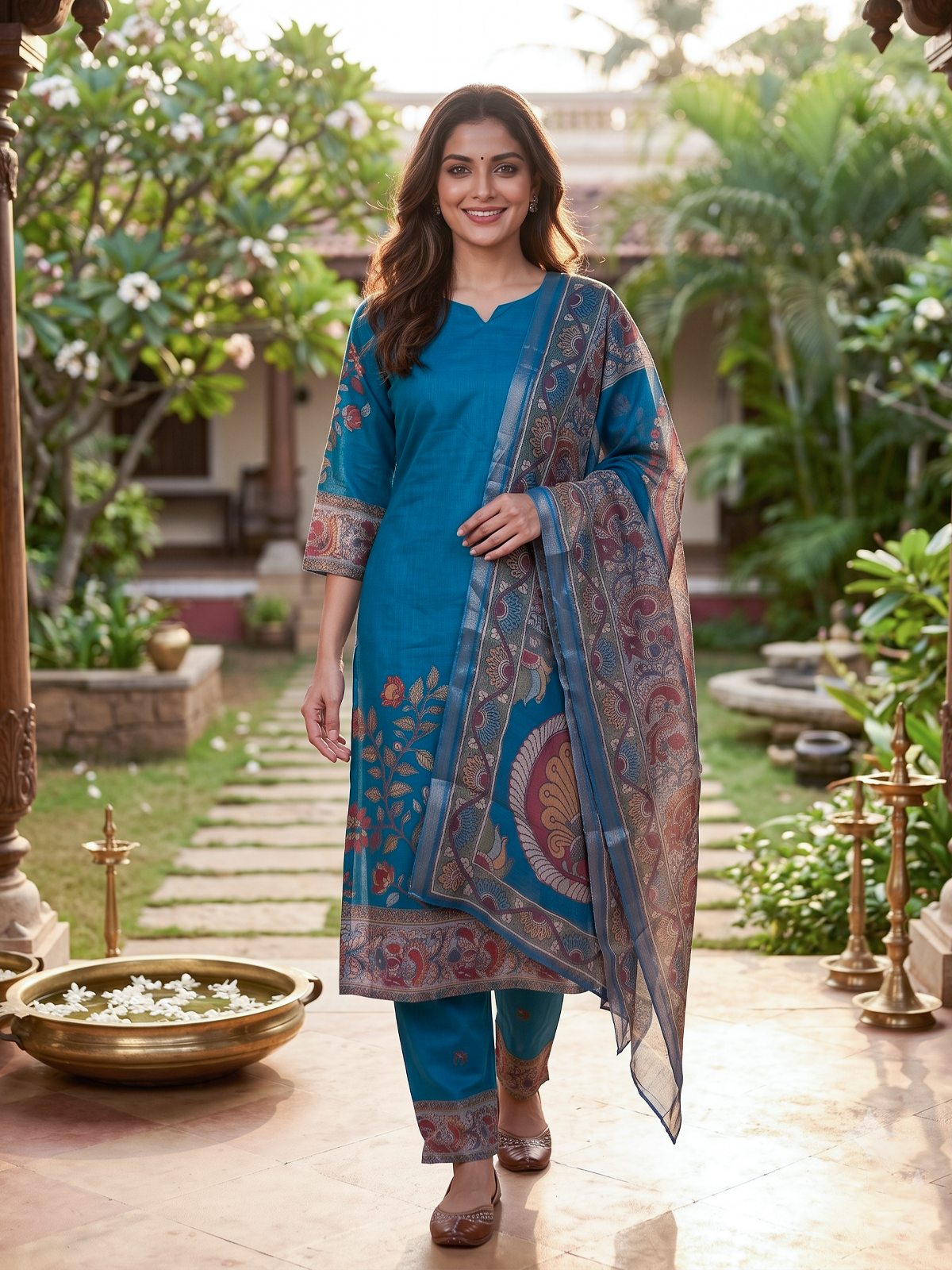Teal Blue Kalamkari print kurti set with straight pants and multicolour peacock motif dupatta