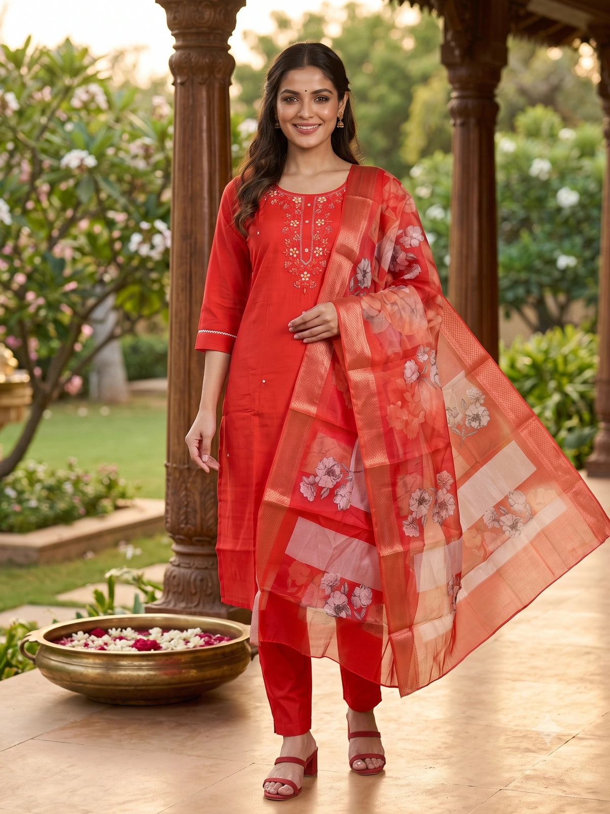 Red Embroidered Kurti Set with Floral Organza Dupatta
