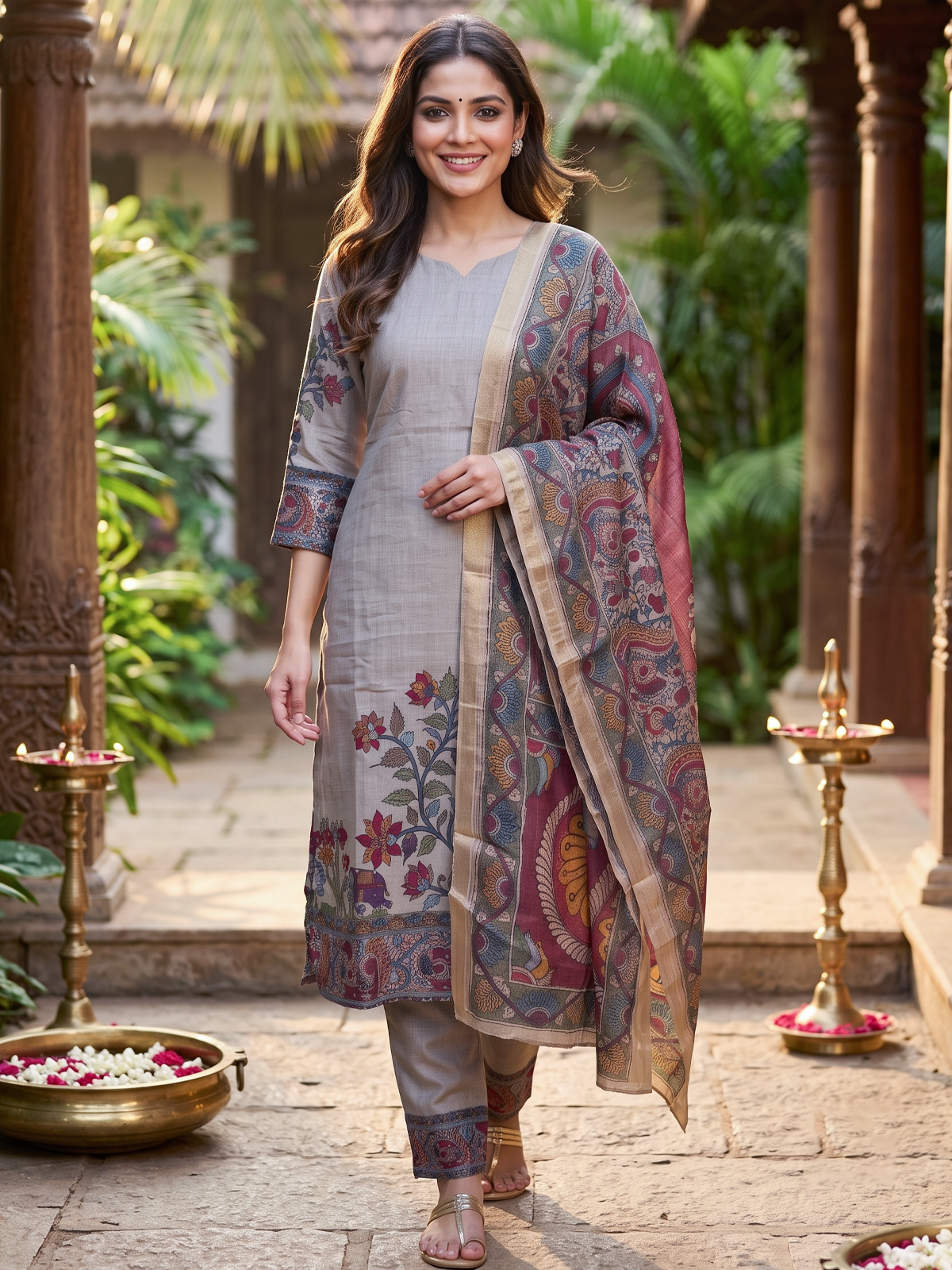Grey Kalamkari Kurti Set with Peacock Motif Dupatta