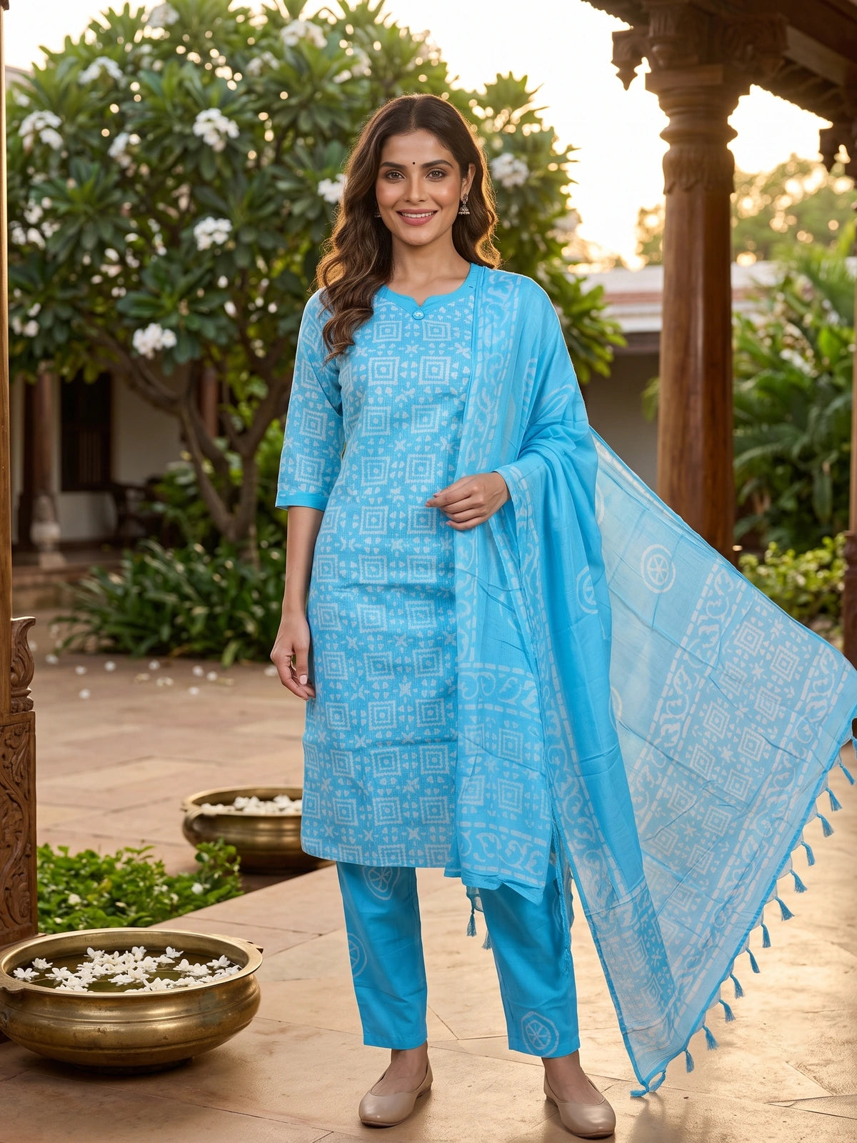 Sky Blue Batik Print Cotton Kurti Set with Dupatta