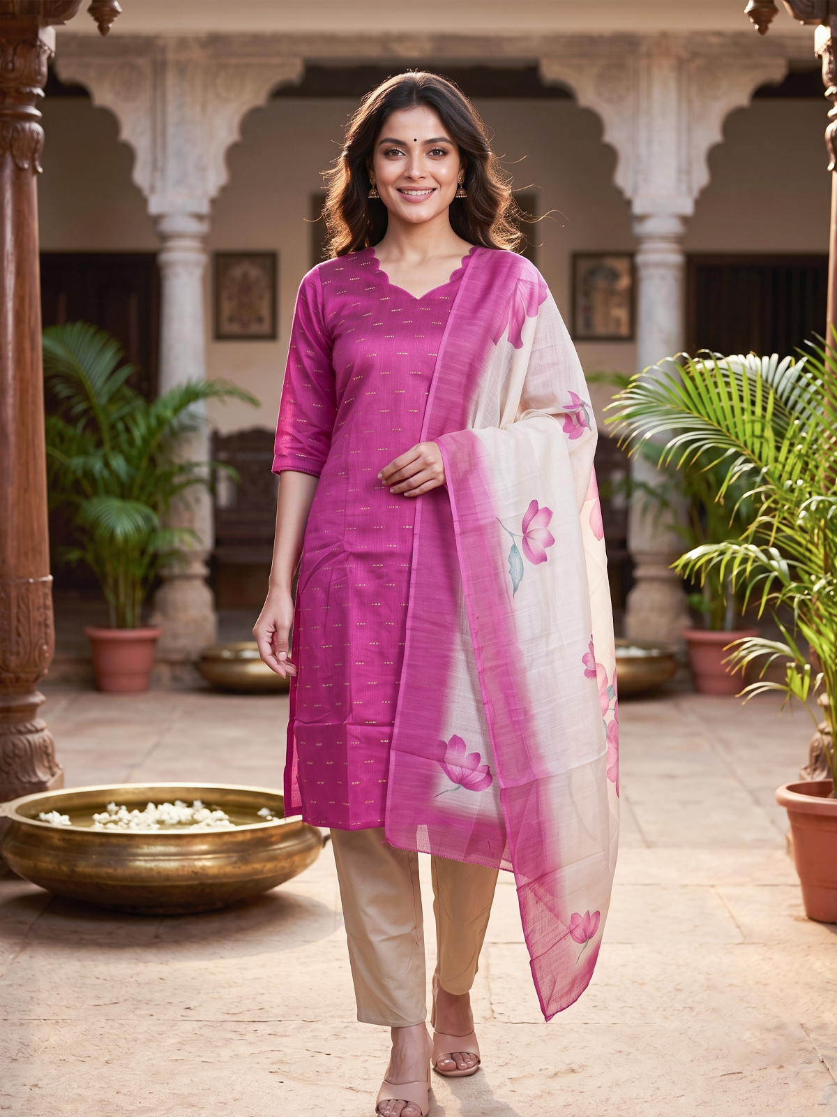 Magenta Pink cotton silk kurti set with woven zari butis and floral printed cream dupatta