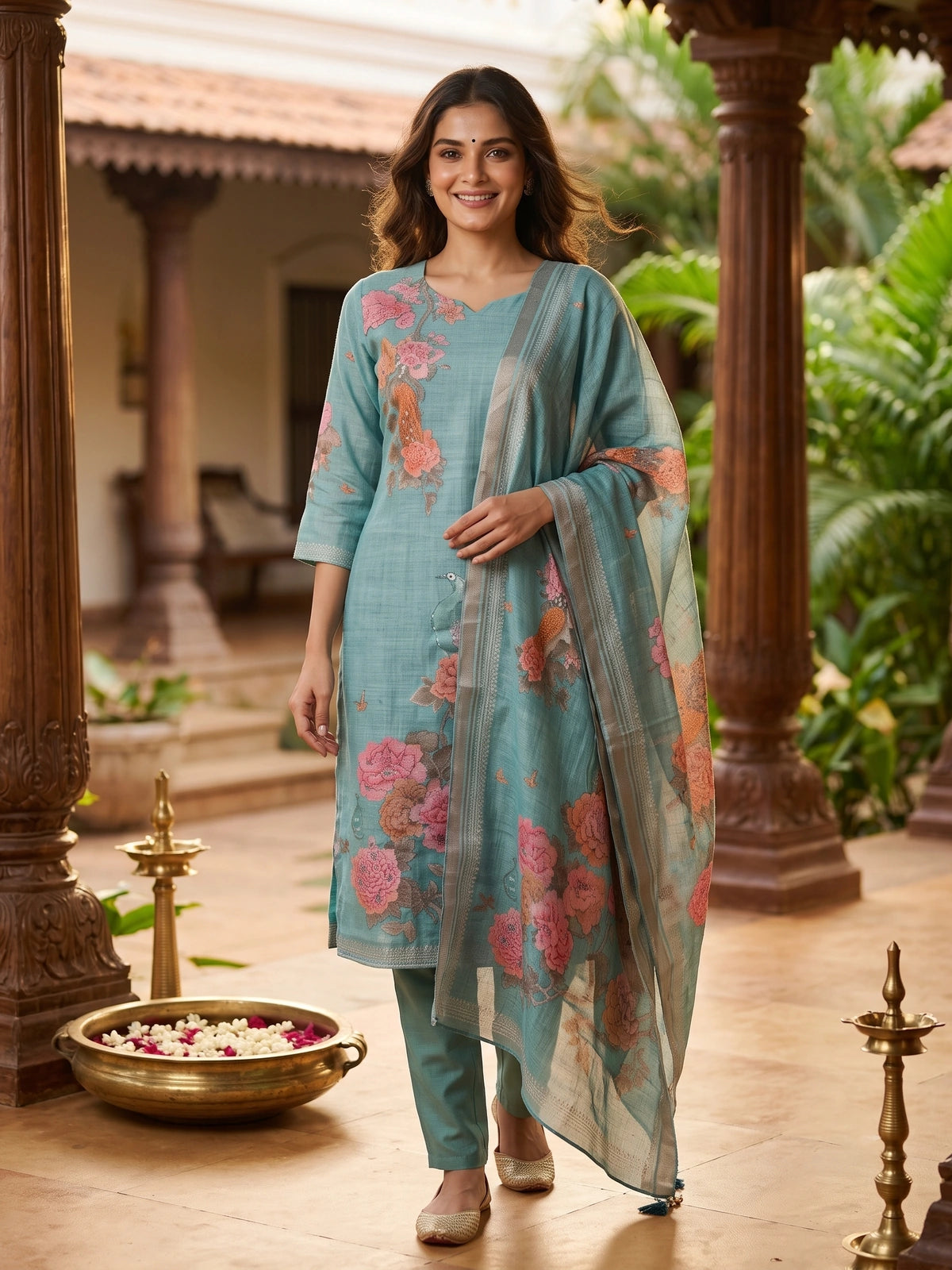 Teal blue floral and peacock printed kurti set with straight pants and matching printed dupatta