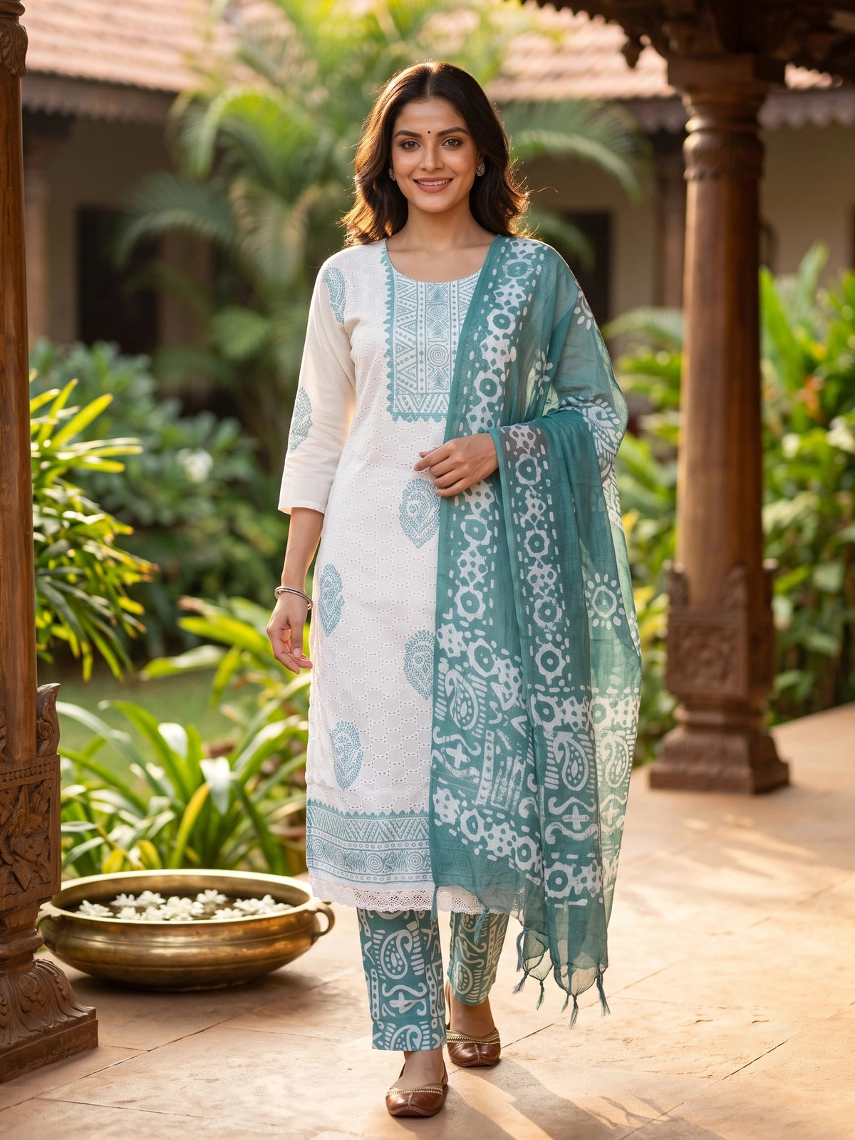 White with Teal Batik Dupatta Ready Made Kurti Set